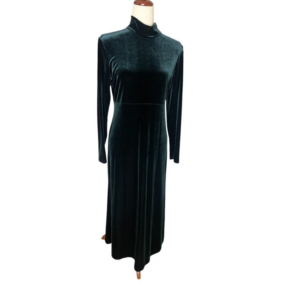 VTG 90s Y2K Velvet Empire Waist Maxi Dress Green Goth Dark Romance 8P Stretch